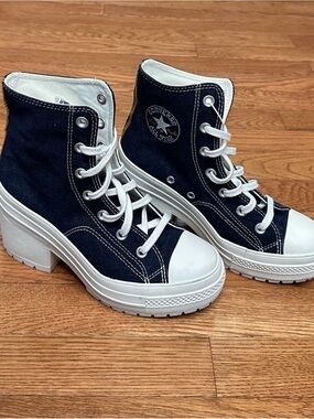 High Top Heeled Converse- Denim and White